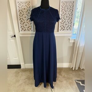 Chic Navy Blue Lace Maxi Dress